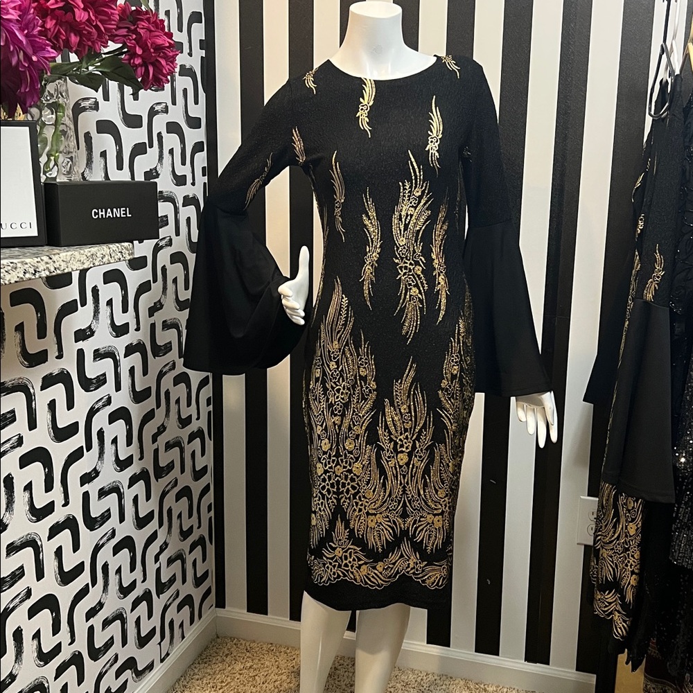 Floral Pattern, Gold, And Black Flare, Sleeved, Body Con Dress #107, #108, #109